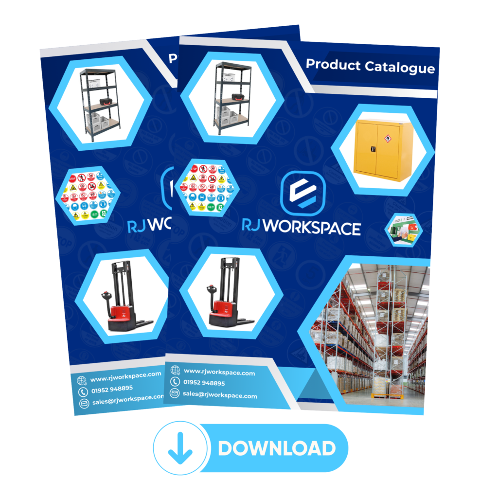 RJ Workspace Warehouse Product catalogue featuring items such as pallet trucks,coshh cupboards, steps, ladders,trolleys,sack trucks, safety signs