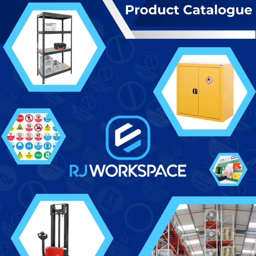 Front cover of our Product Catalogue, displaying Coshh cupboards, Heavy Duty Shelving, Pallet Racking and Lift Trucks