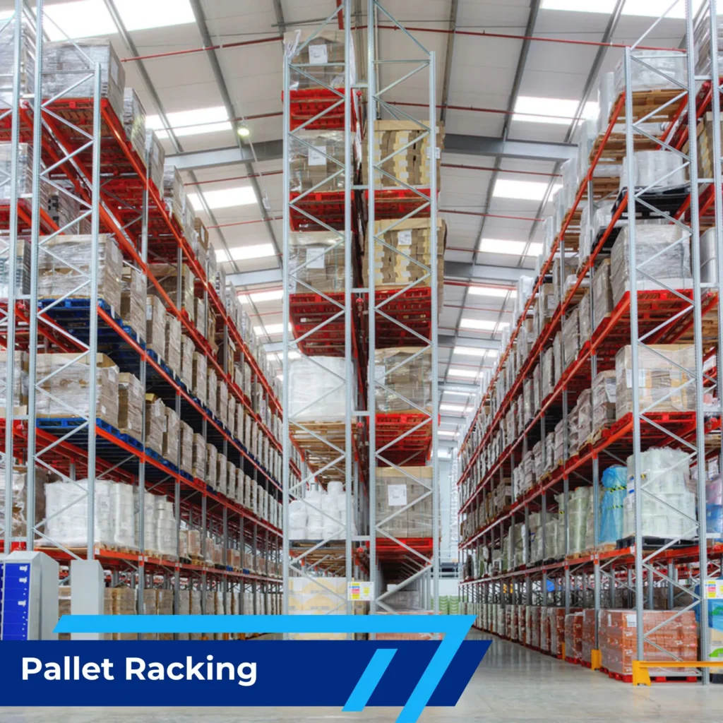 Adjustable Pallet Racking with Impact protection for narrow aisle forklifts, being used for pallet storage in a warehouse